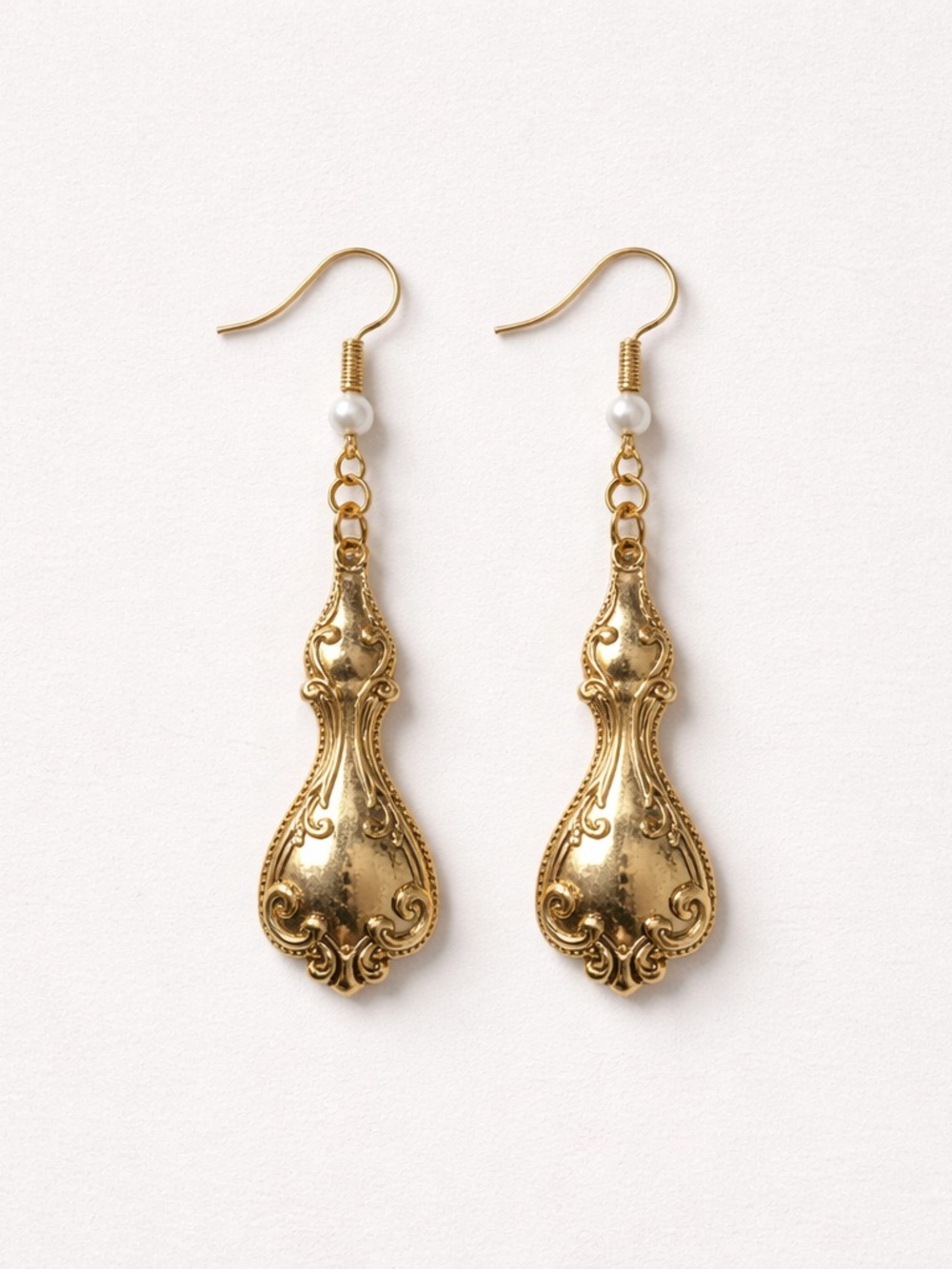 Gold Ornate Drop Earrings with Pearl Accent - Unbranded